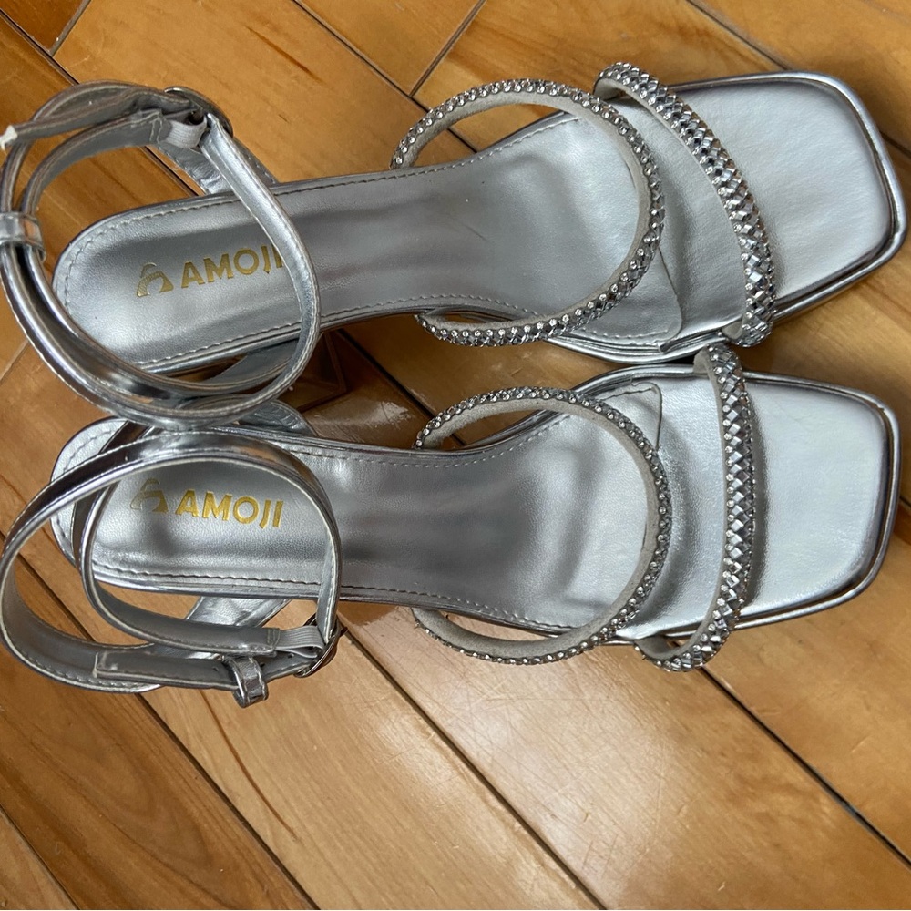 Silver Rhinestone Block Heel Sandals - Picture 2 of 4